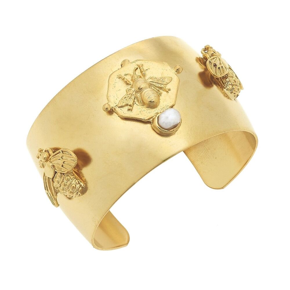Susan Shaw Bee & Genuine Pearl Wide Cuff 24k Triple Gold-Plated Bracelet Mint!